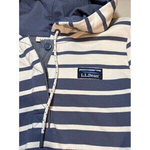 LL Bean Hooded Striped Henley Rugby Shirt S Blue/White Long Sleeve 100% Cotton